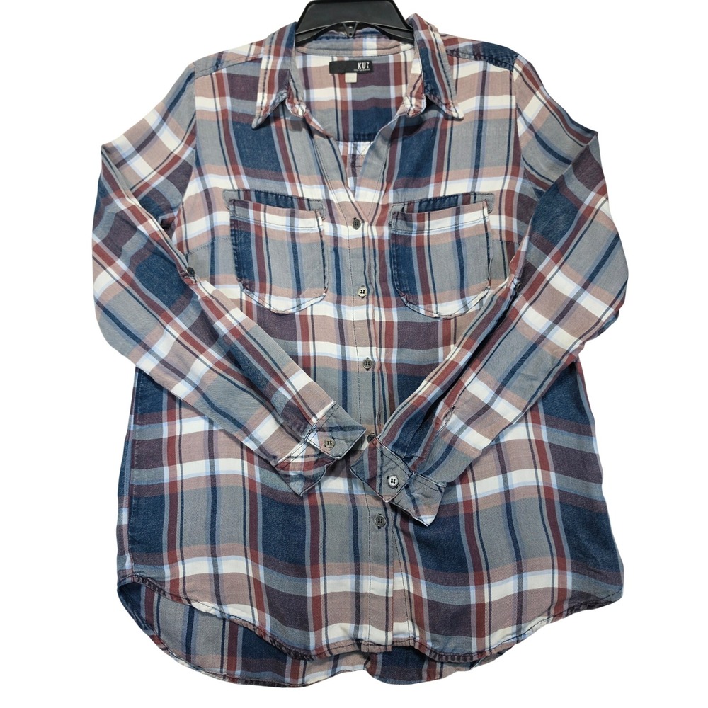 KUT from the Kloth Women Navy Burgundy Plaid Lyocell Button Down Shirt Medium